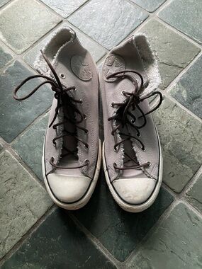Converse High-Top Sneakers in Light Gray with Brown Laces